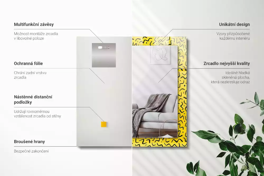 Lustro prostokątne z nadrukiem przedstawiającym żółty wzór abstrakcyjny