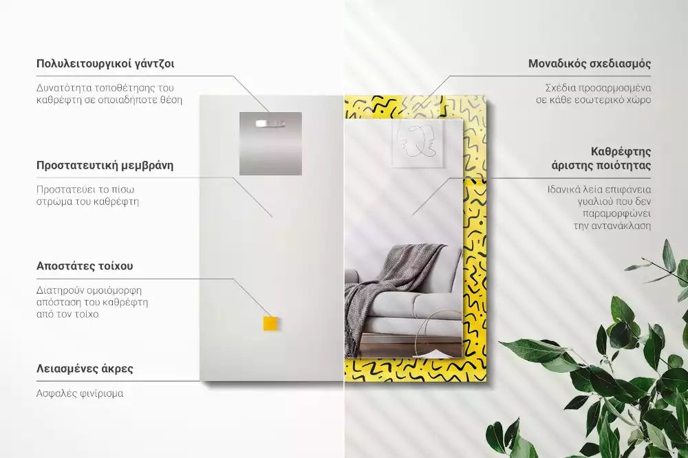 Lustro prostokątne z nadrukiem przedstawiającym żółty wzór abstrakcyjny