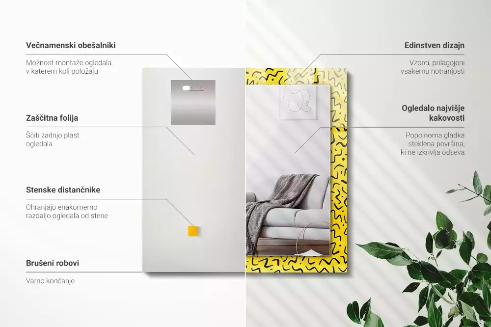 Lustro prostokątne z nadrukiem przedstawiającym żółty wzór abstrakcyjny