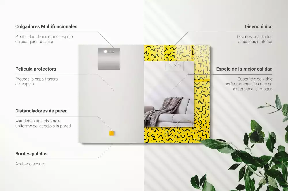 Lustro prostokątne z nadrukiem przedstawiającym żółty wzór abstrakcyjny