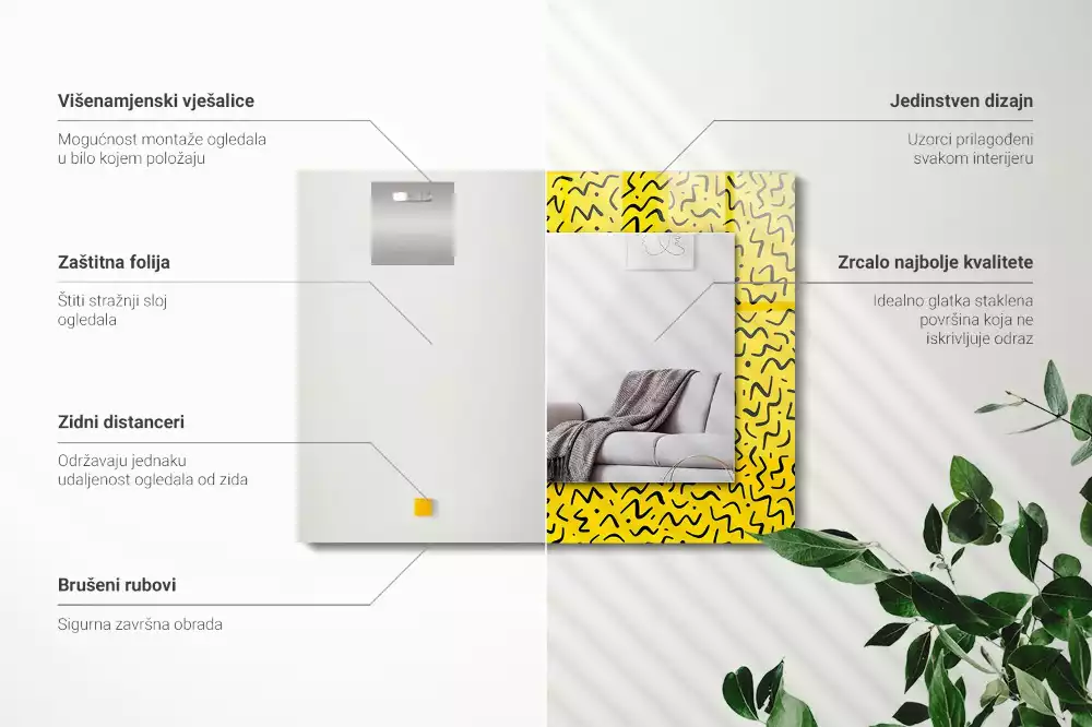 Lustro prostokątne z nadrukiem przedstawiającym żółty wzór abstrakcyjny