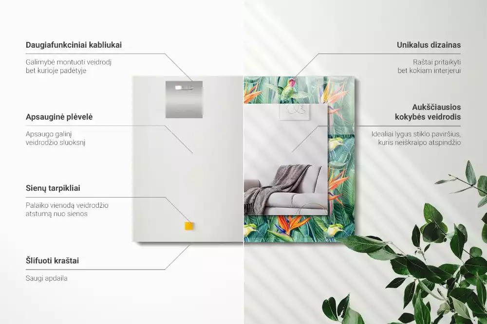 Lustro dekoracyjne z nadrukiem z motywem kolibrów i kwiatów