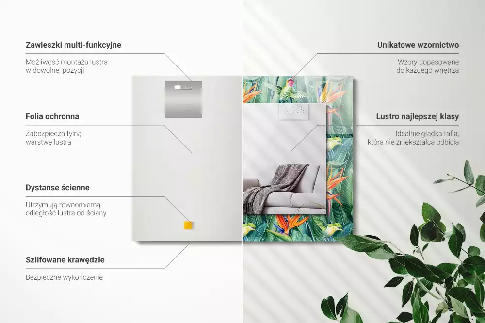 Lustro dekoracyjne z nadrukiem z motywem kolibrów i kwiatów