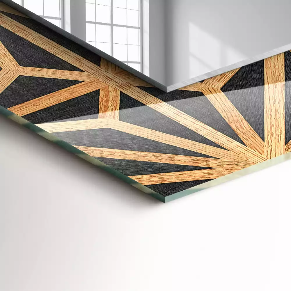 Lustro prostokątne z drewnianym, geometrycznym nadrukiem