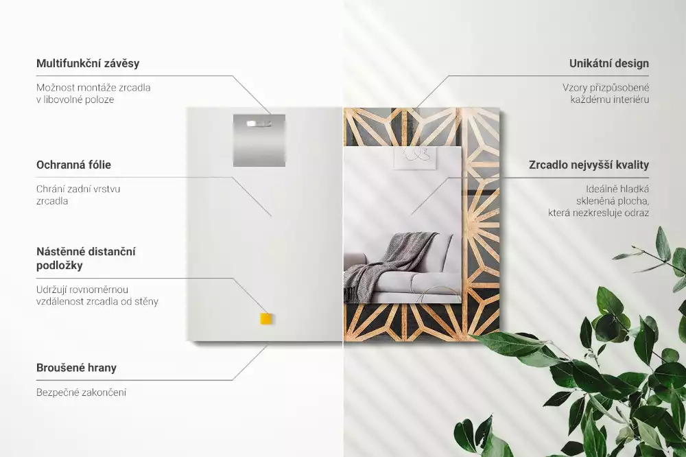 Lustro prostokątne z drewnianym, geometrycznym nadrukiem