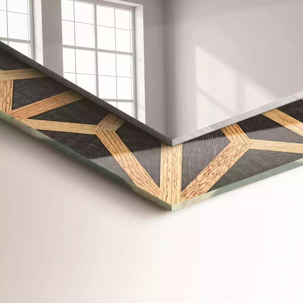 Lustro prostokątne z drewnianym, geometrycznym nadrukiem