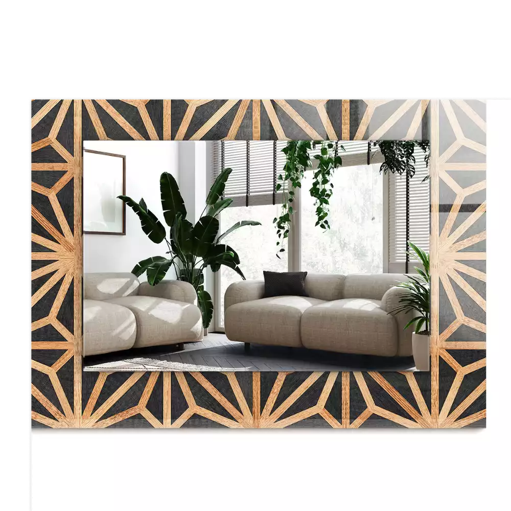 Lustro prostokątne z drewnianym, geometrycznym nadrukiem