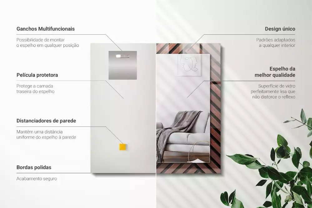 Lustro dekoracyjne prostokątne z drewnianymi listwami ułożonymi ukośnie