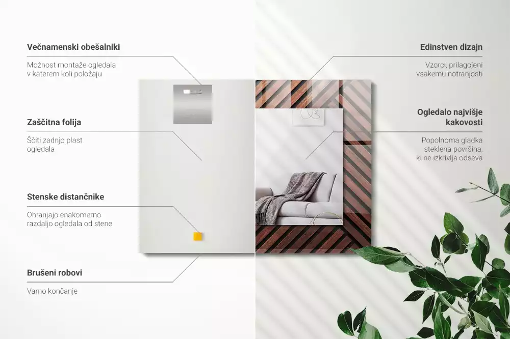 Lustro dekoracyjne prostokątne z drewnianymi listwami ułożonymi ukośnie