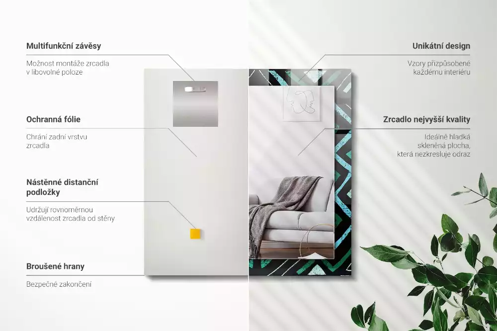 Lustro dekoracyjne prostokątne z nadrukiem w geometryczny wzór w kolorze turkusowym