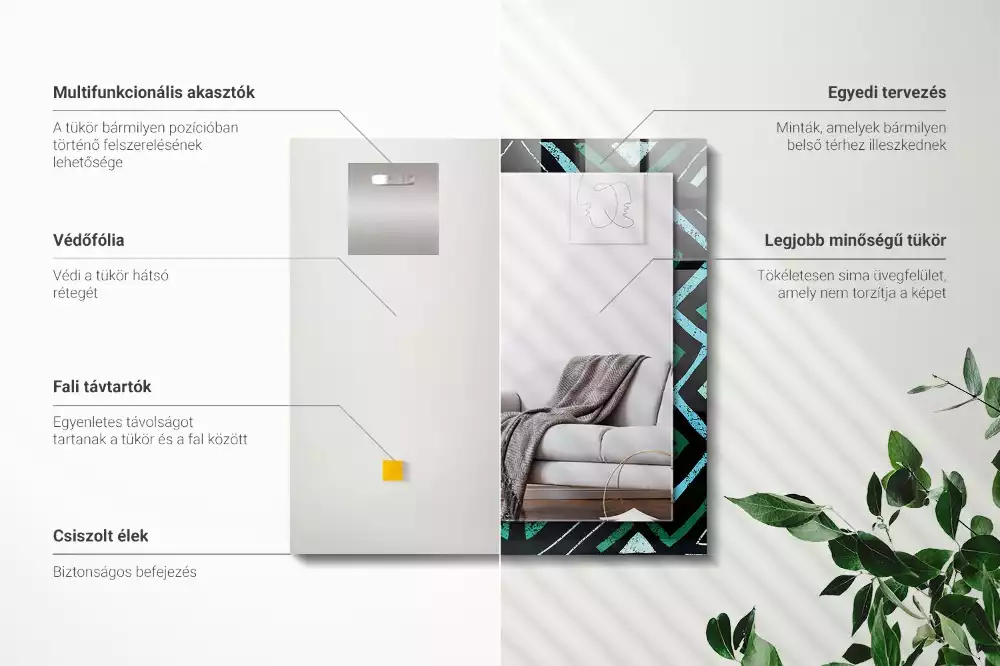 Lustro dekoracyjne prostokątne z nadrukiem w geometryczny wzór w kolorze turkusowym