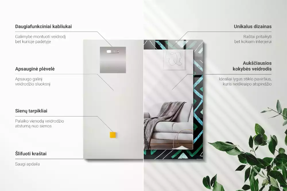 Lustro dekoracyjne prostokątne z nadrukiem w geometryczny wzór w kolorze turkusowym