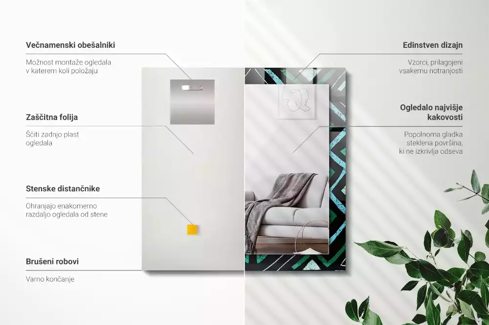 Lustro dekoracyjne prostokątne z nadrukiem w geometryczny wzór w kolorze turkusowym