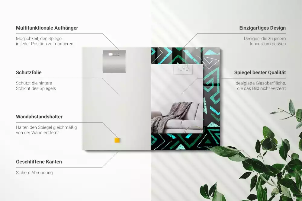 Lustro dekoracyjne prostokątne z nadrukiem w geometryczny wzór w kolorze turkusowym