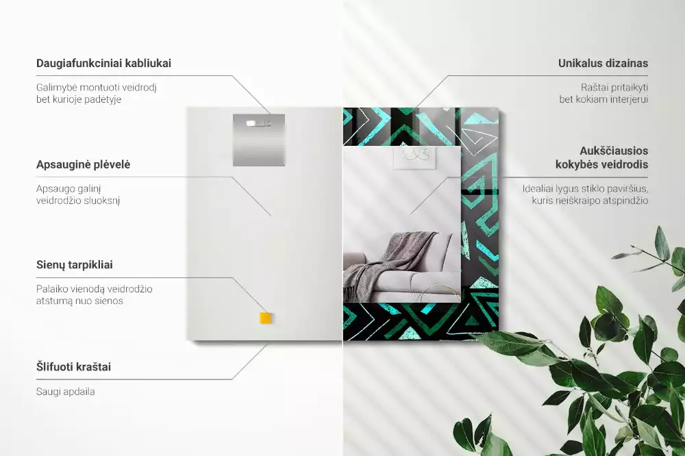 Lustro dekoracyjne prostokątne z nadrukiem w geometryczny wzór w kolorze turkusowym