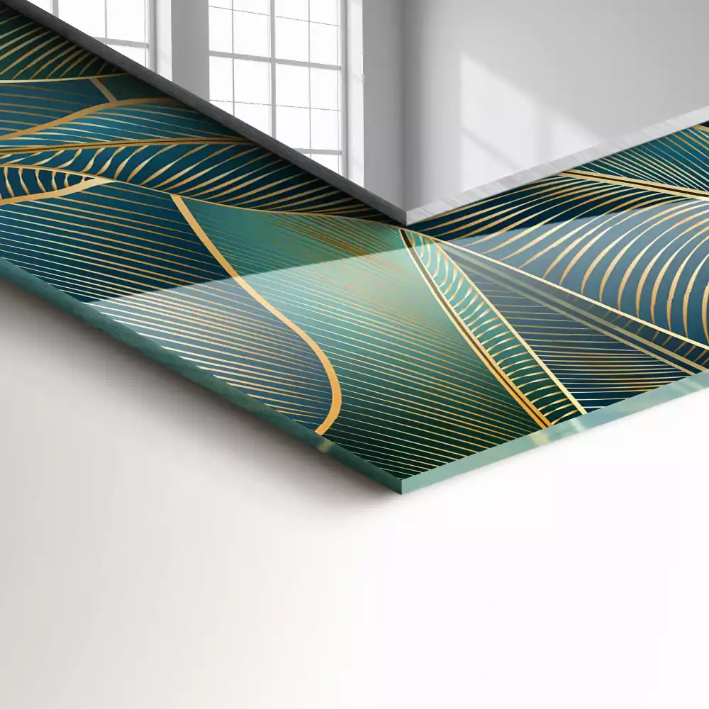 Lustro dekoracyjne w kształcie prostokąta z motywem liści i delikatnymi liniami