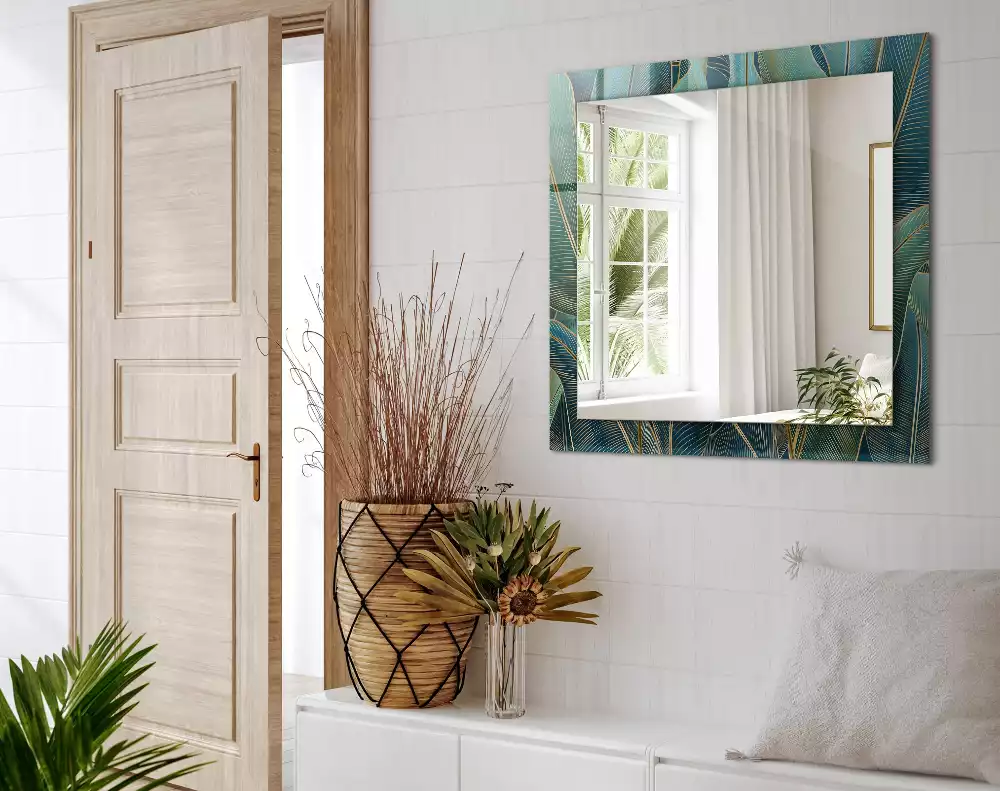 Lustro dekoracyjne w kształcie prostokąta z motywem liści i delikatnymi liniami