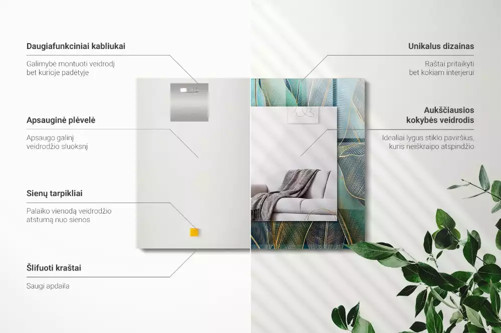 Lustro dekoracyjne w kształcie prostokąta z motywem liści i delikatnymi liniami