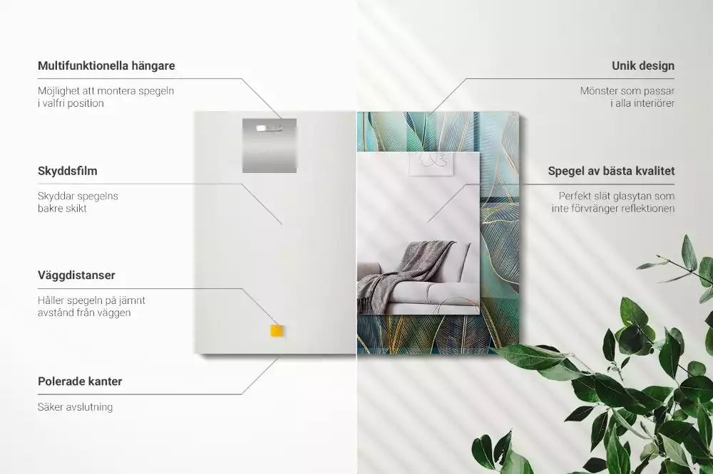 Lustro dekoracyjne w kształcie prostokąta z motywem liści i delikatnymi liniami