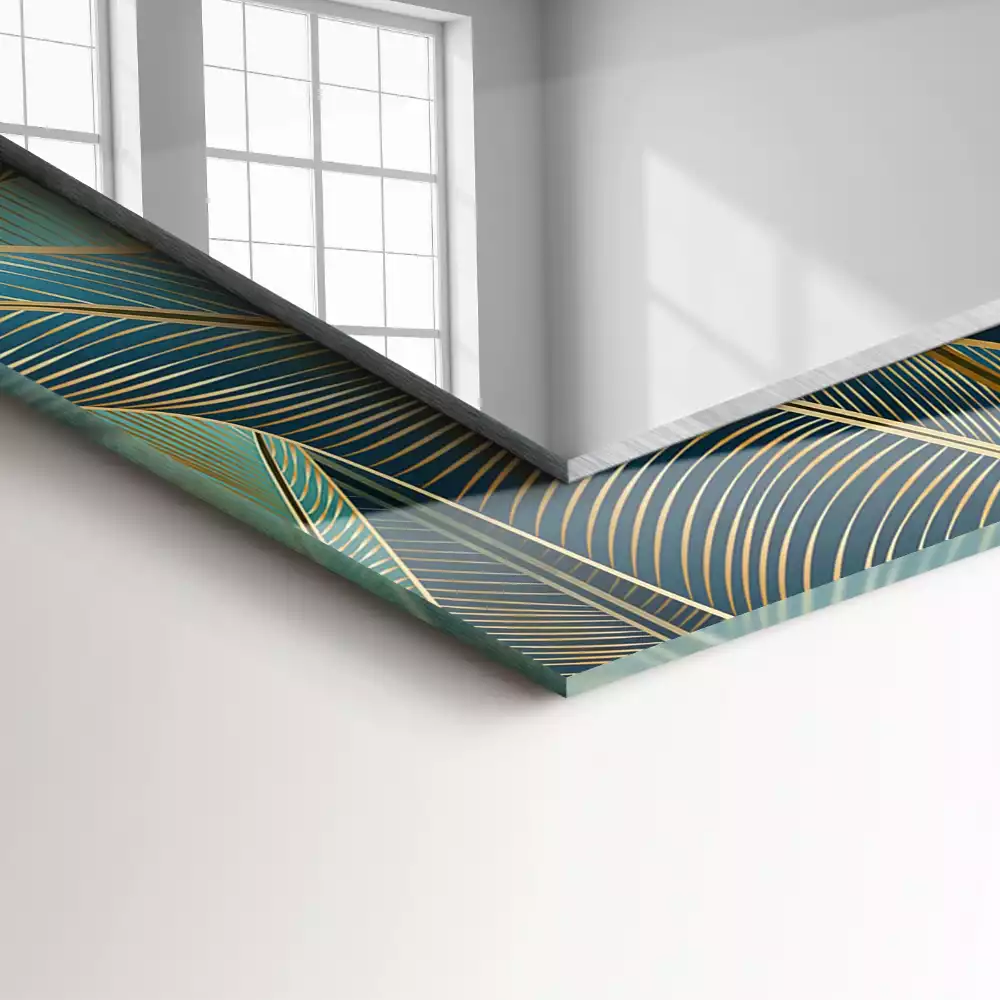 Lustro dekoracyjne w kształcie prostokąta z motywem liści i delikatnymi liniami