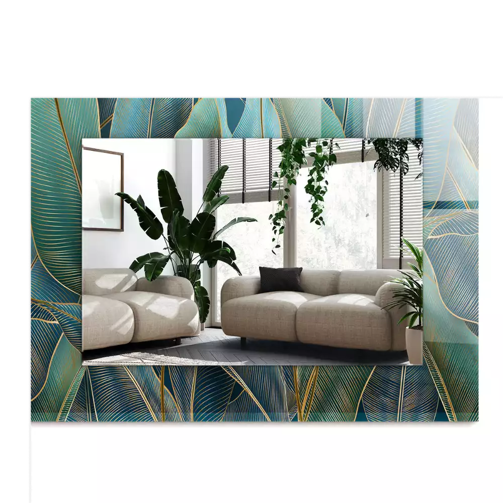 Lustro dekoracyjne w kształcie prostokąta z motywem liści i delikatnymi liniami