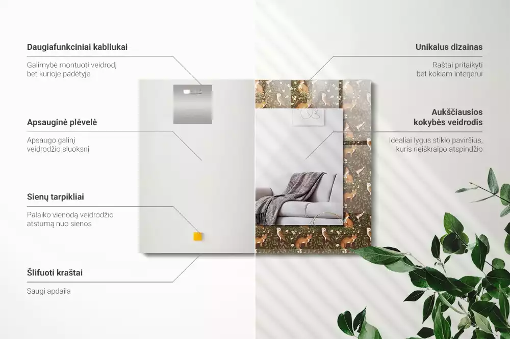 Lustro dekoracyjne z nadrukiem przedstawiającym lisa i sowę