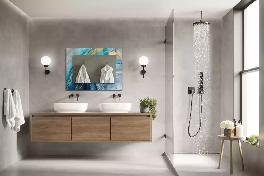 Lustro prostokątne z nadrukiem w motywie abstrakcyjnego marmuru wykonane z żywicy