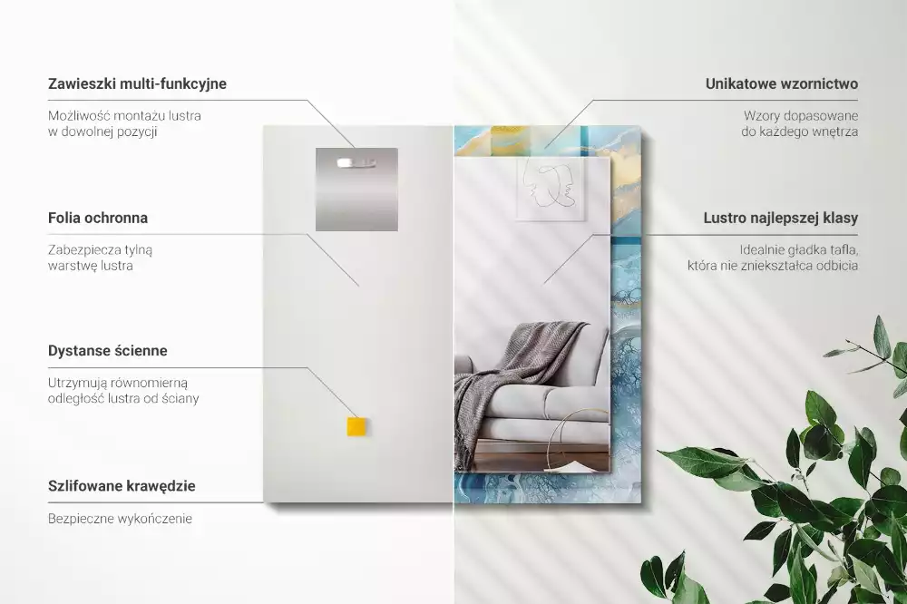 Lustro prostokątne z nadrukiem w motywie abstrakcyjnego marmuru wykonane z żywicy