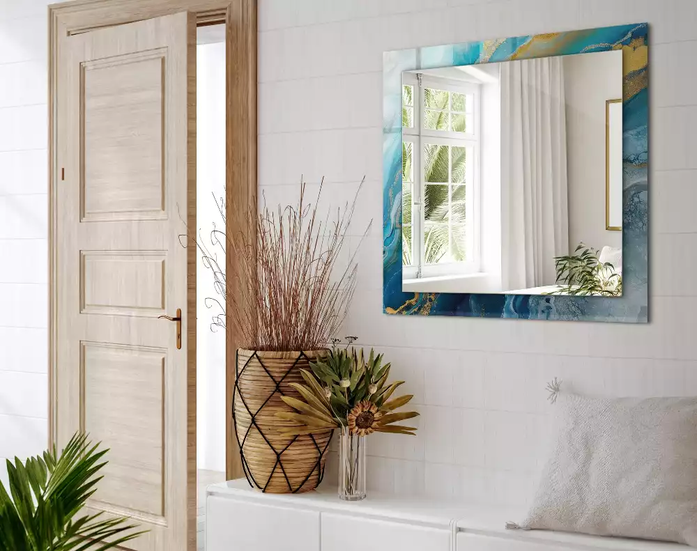 Lustro prostokątne z nadrukiem w motywie abstrakcyjnego marmuru wykonane z żywicy