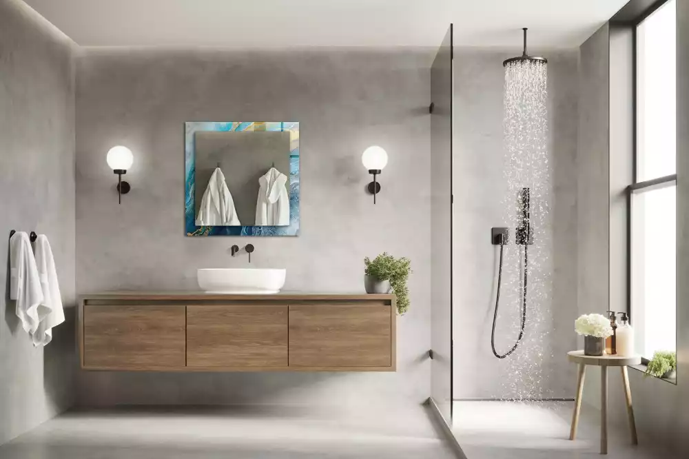 Lustro prostokątne z nadrukiem w motywie abstrakcyjnego marmuru wykonane z żywicy