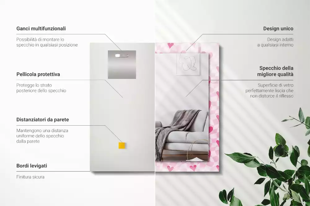 Lustro z nadrukiem dekoracyjne prostokątne Różowe serca