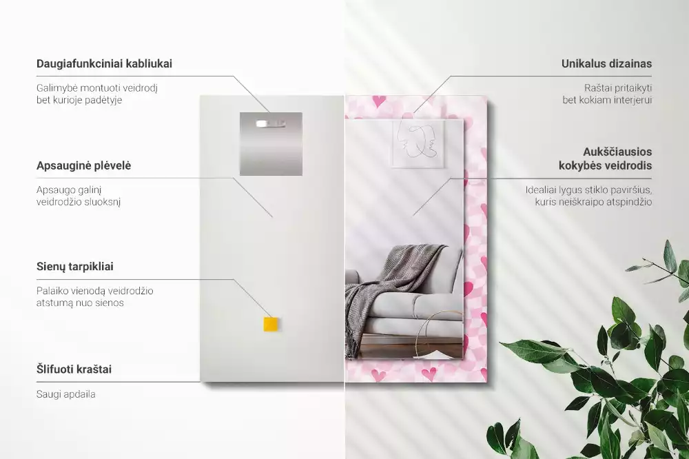 Lustro z nadrukiem dekoracyjne prostokątne Różowe serca