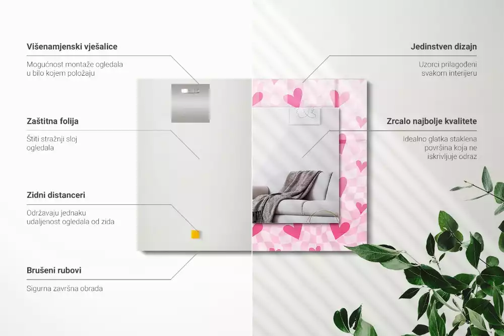 Lustro dekoracyjne z nadrukiem w motyw różowych serc