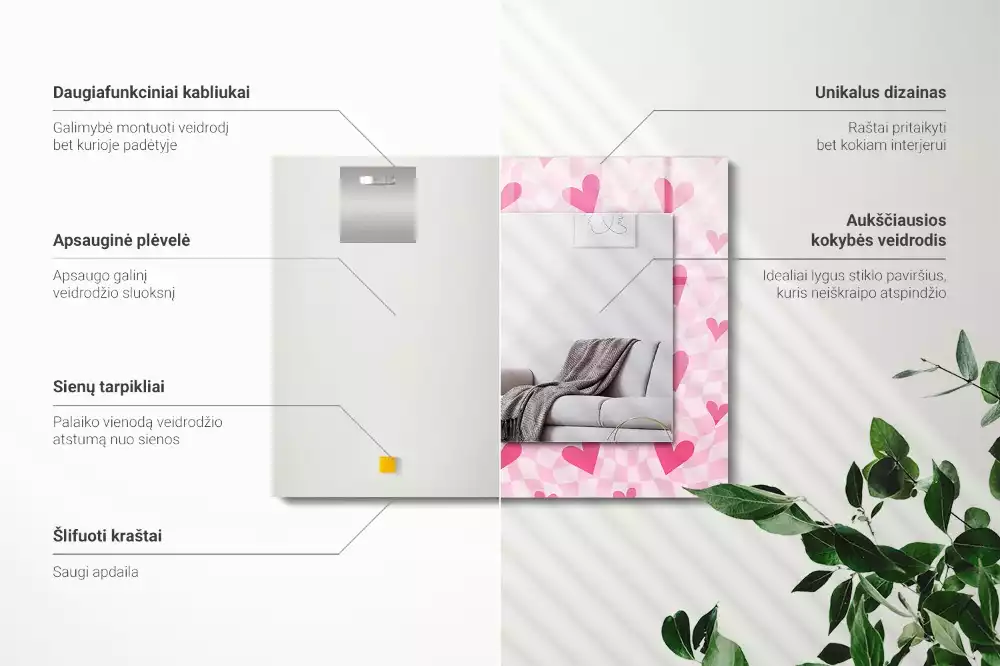 Lustro z nadrukiem dekoracyjne prostokątne Różowe serca