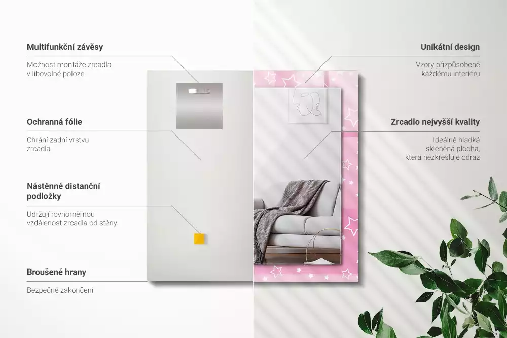 Lustro dekoracyjne prostokątne z różowym wzorem gwiazdek