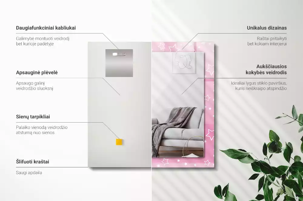Lustro dekoracyjne prostokątne z różowym wzorem gwiazdek