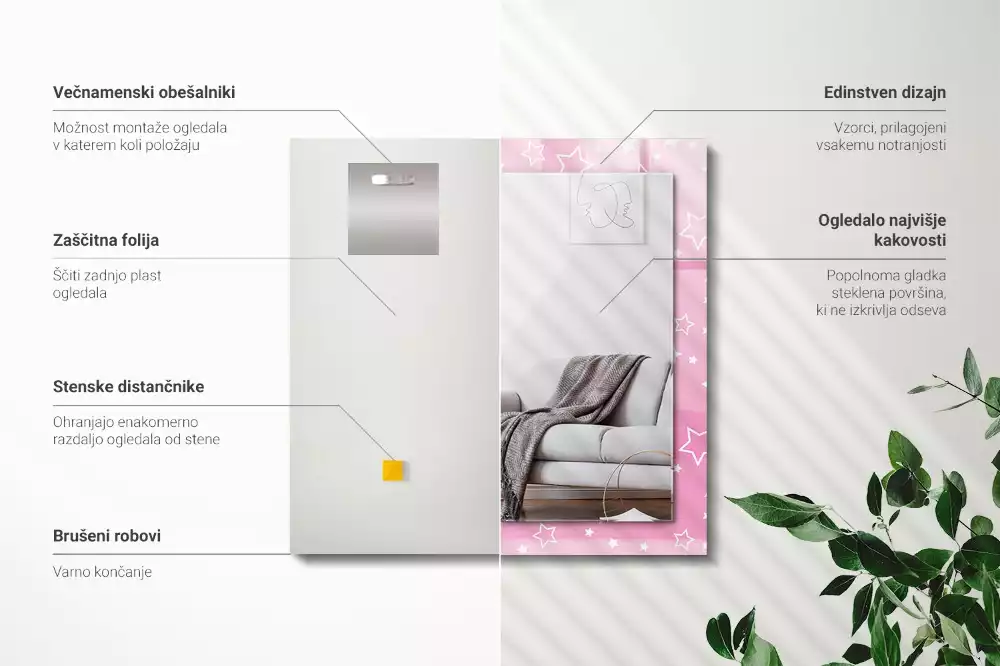 Lustro dekoracyjne prostokątne z różowym wzorem gwiazdek