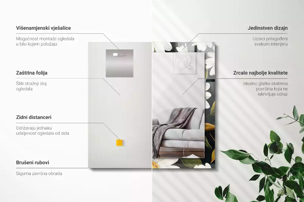 Lustro prostokątne z nadrukiem w białe stokrotki i liście