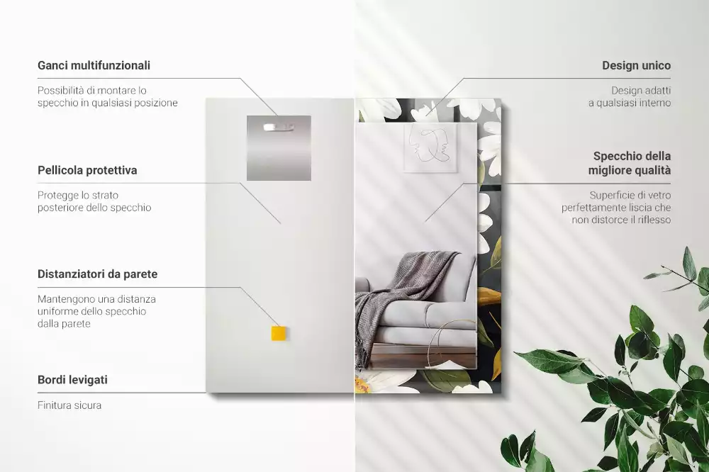 Lustro prostokątne z nadrukiem w białe stokrotki i liście