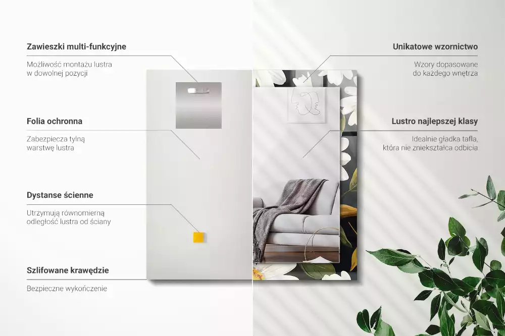 Lustro prostokątne z nadrukiem w białe stokrotki i liście