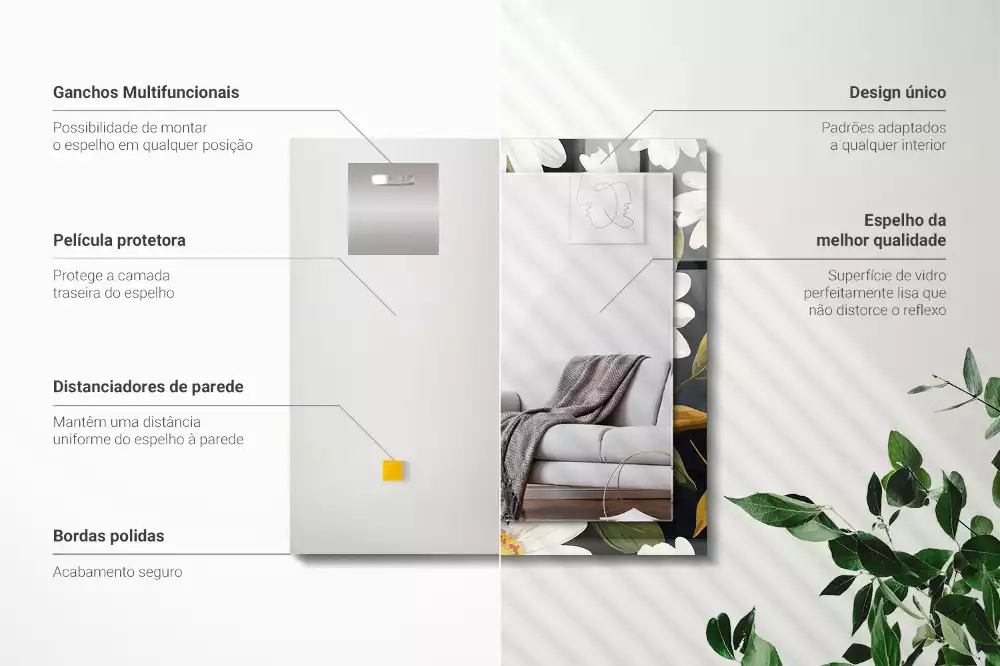 Lustro prostokątne z nadrukiem w białe stokrotki i liście