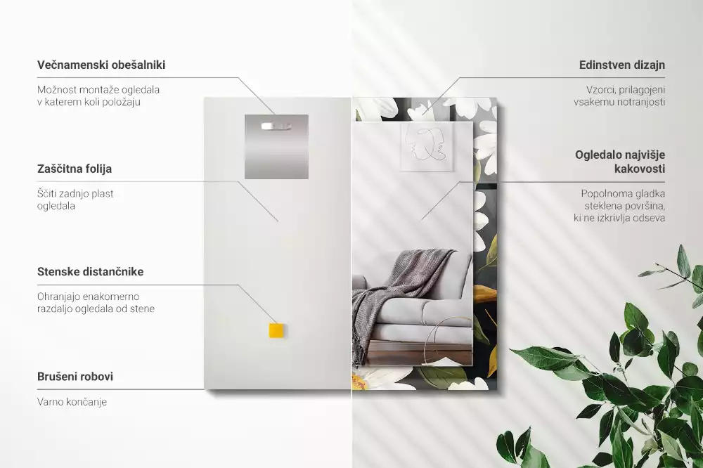 Lustro prostokątne z nadrukiem w białe stokrotki i liście