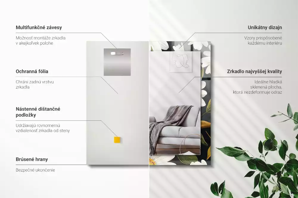 Lustro prostokątne z nadrukiem w białe stokrotki i liście