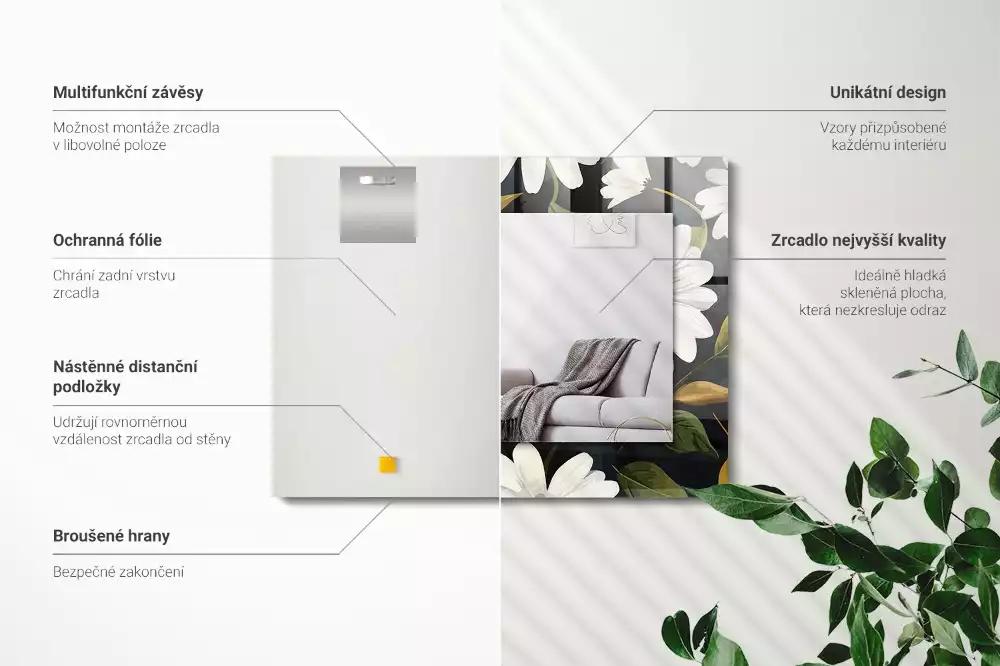 Lustro prostokątne z nadrukiem w białe stokrotki i liście