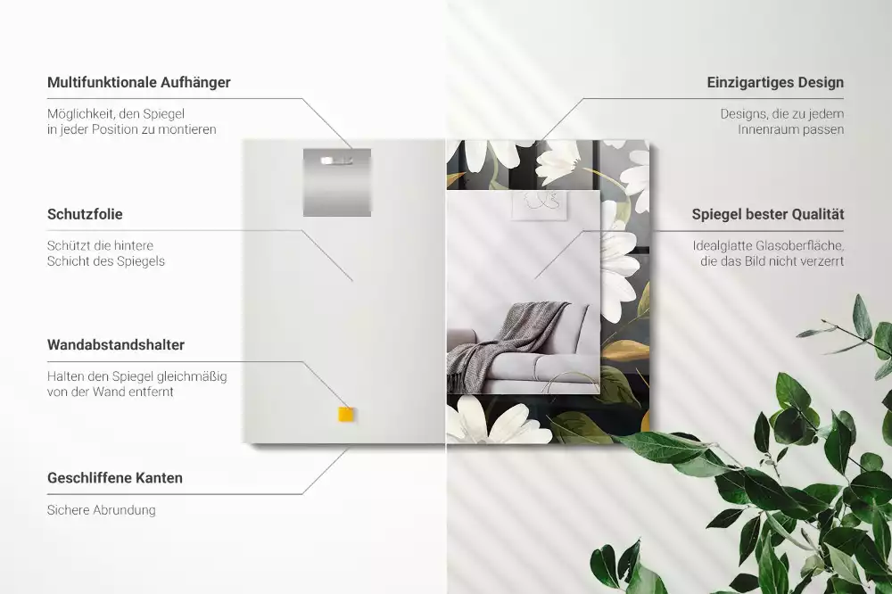 Lustro prostokątne z nadrukiem w białe stokrotki i liście