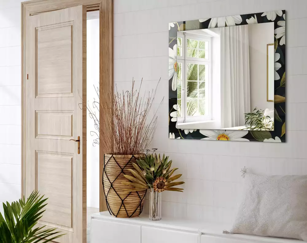 Lustro prostokątne z nadrukiem w białe stokrotki i liście