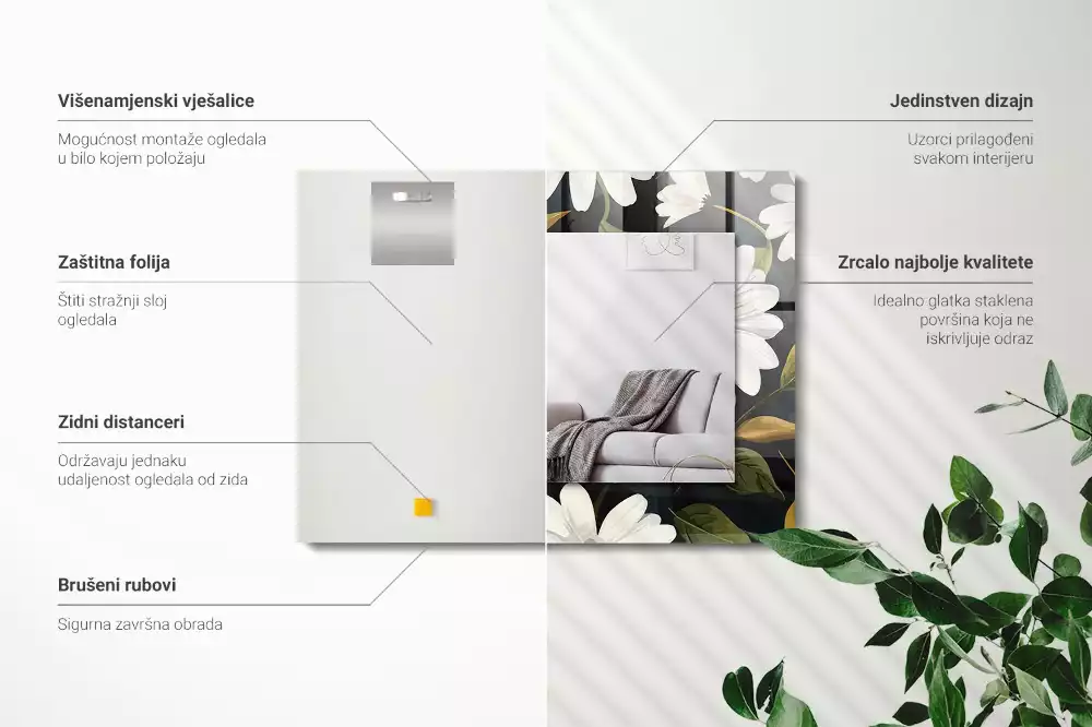 Lustro prostokątne z nadrukiem w białe stokrotki i liście