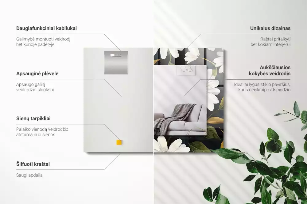 Lustro prostokątne z nadrukiem w białe stokrotki i liście