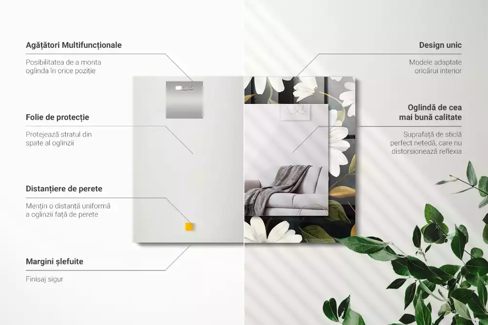 Lustro prostokątne z nadrukiem w białe stokrotki i liście