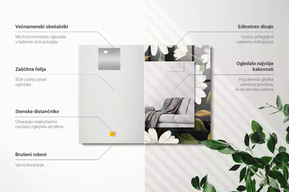Lustro prostokątne z nadrukiem w białe stokrotki i liście
